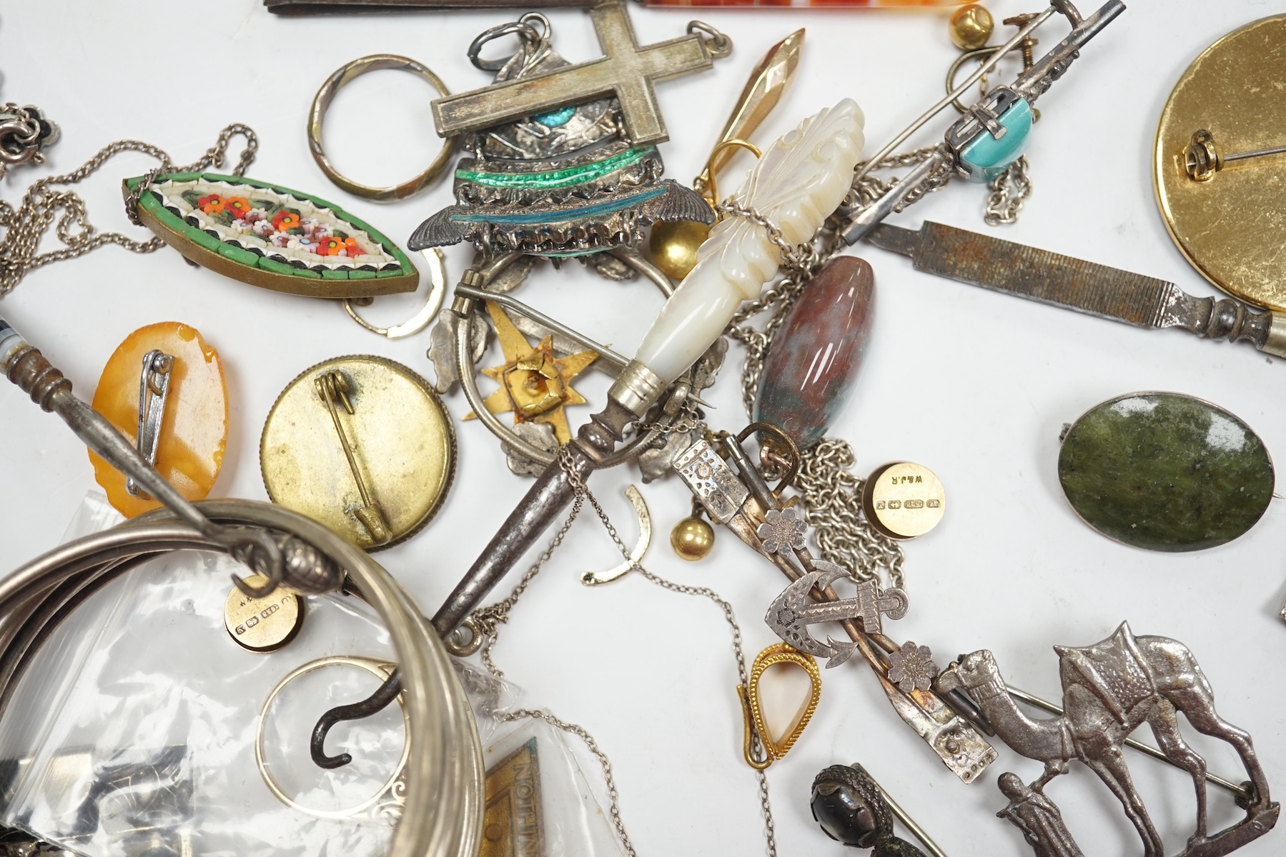 A collection of assorted Victorian and later jewellery, including silver brooch, 9ct ring, amethyst necklace, a 9ct gold manual wind wrist watch, etc. Condition - poor to fair